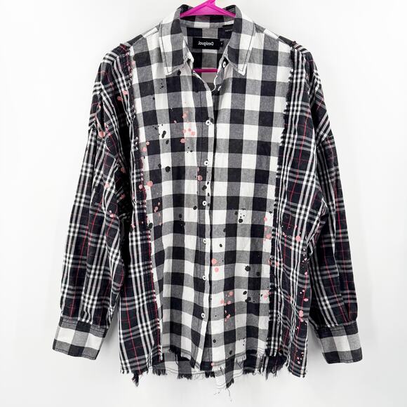Desigual Shirt Women's Size Medium 'Vive' Patchwork Plaid Long Sleeve Cotton B&W - Picture 3 of 16